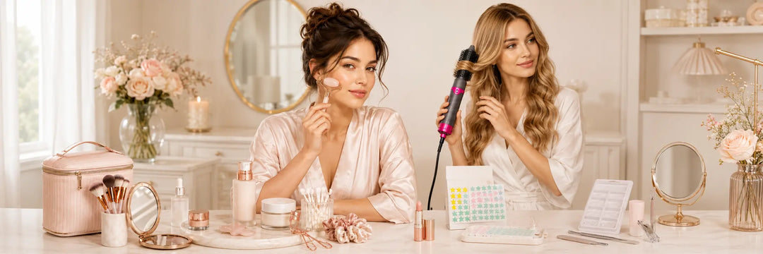 beauty accessories for daily skincare and makeup routine with facial roller, brushes, mirrors and glow essentials on a soft vanity setup