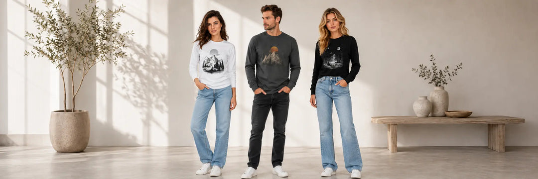 Unisex long sleeve t shirts with graphic prints styled on male and female models for casual everyday outfits