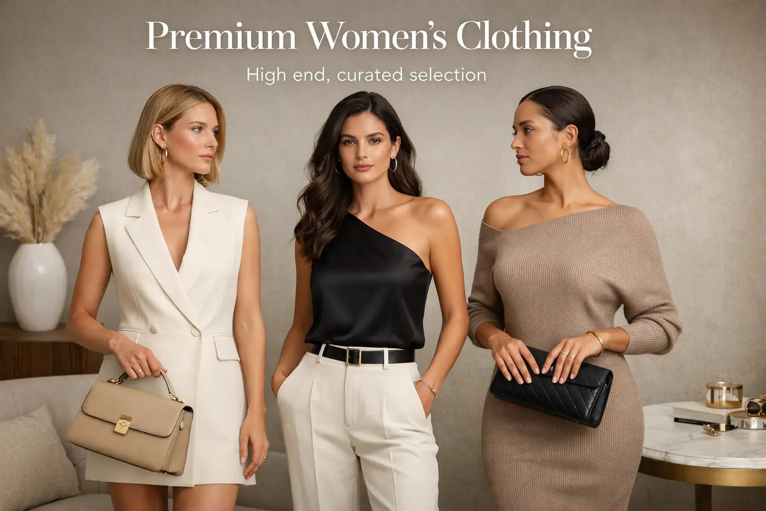 Premium women's clothing category banner with three models in neutral boutique wearing blazer, black dress, knit dress