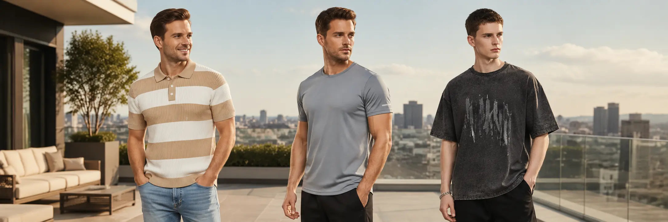 Men's t-shirts online with modern gray performance tee, oversized black graphic tee and striped knit polo for casual everyday style
