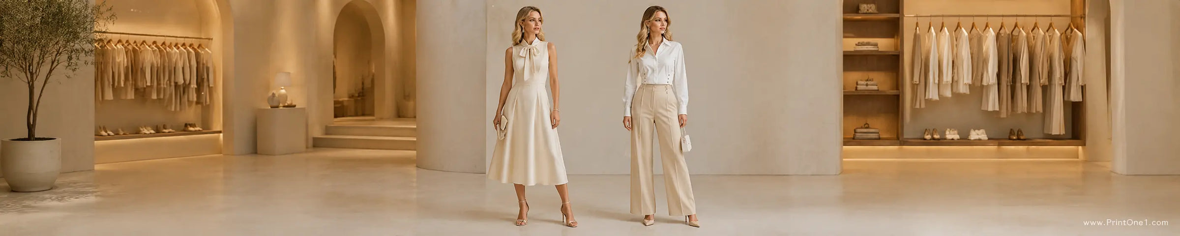 Premium women's clothing collection with elegant maxi dress and faux fur coat in a luxury boutique setting