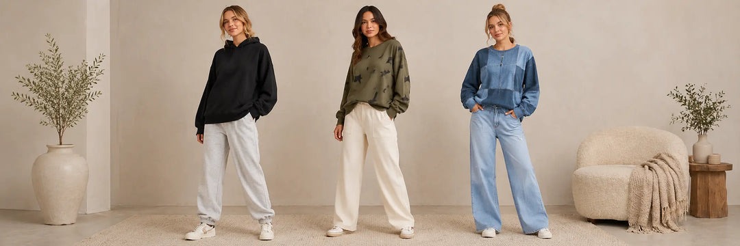 Women’s sweatshirts in cozy oversized fits styled with soft joggers for casual everyday comfort