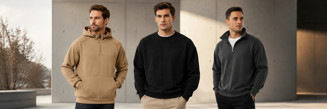 Men’s hoodies and casual sweatshirts in neutral streetwear style for everyday outfits