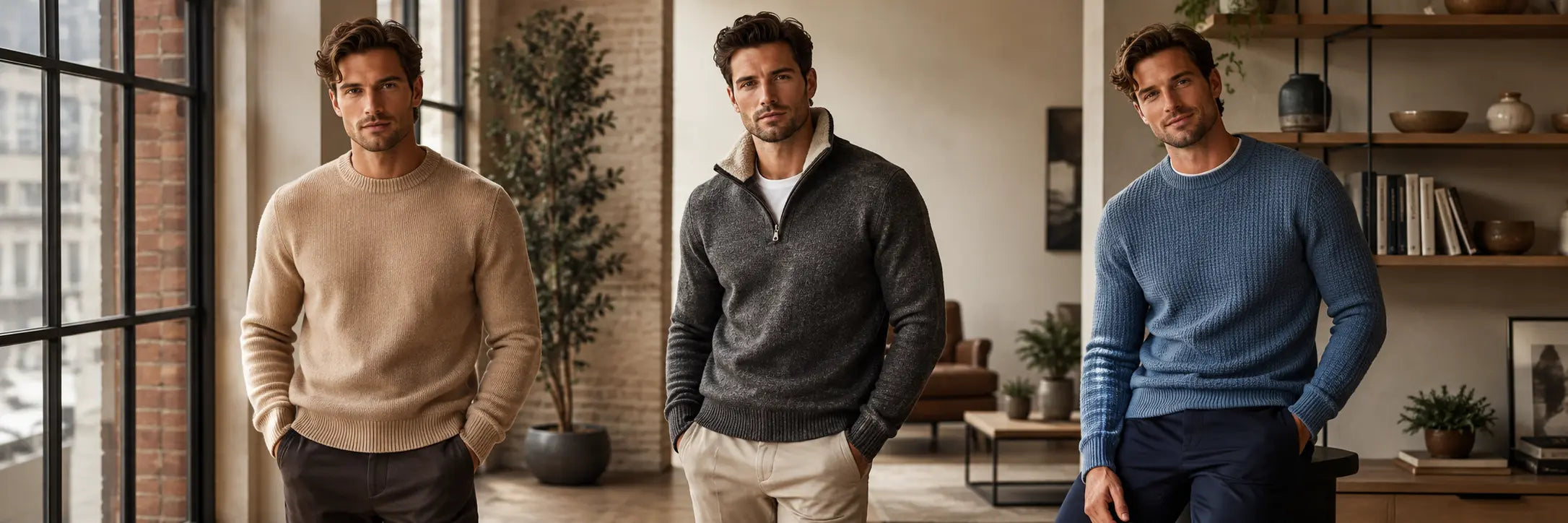Men's sweaters for fall and winter featuring beige wool, charcoal quarter zip and blue waffle knit styles