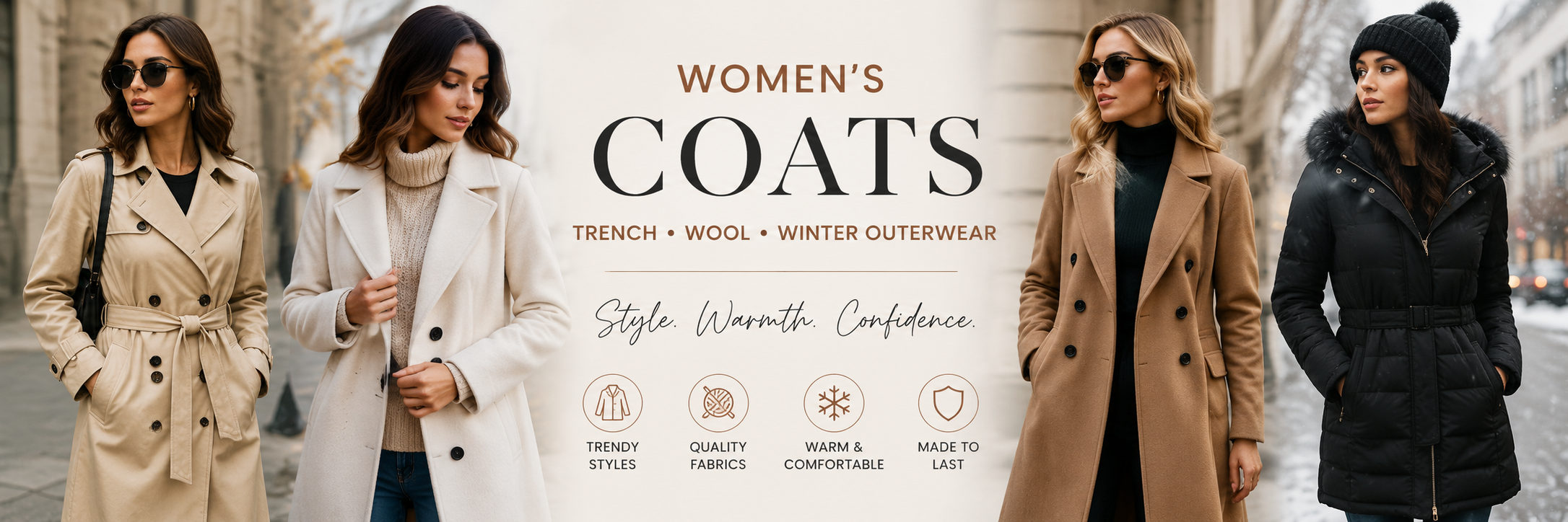 Women's coats collection banner with trench, wool-look and winter outerwear styles