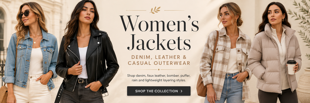 Women's jackets collection banner featuring denim, faux leather and casual outerwear styles