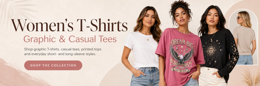 Women's T-shirts collection banner with casual, graphic and long-sleeve tee styles