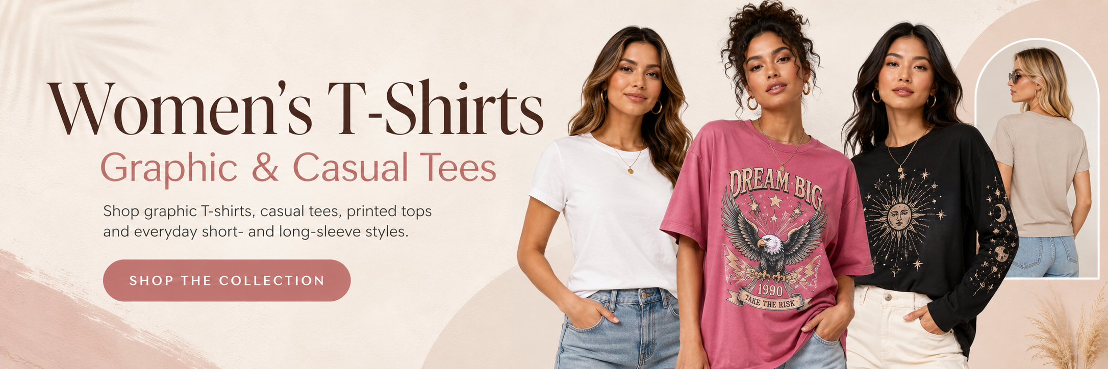 Women's T-shirts collection banner with casual, graphic and long-sleeve tee styles