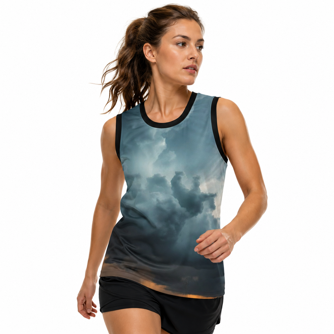 Basketball jersey styled with black joggers and sneakers for active streetwear