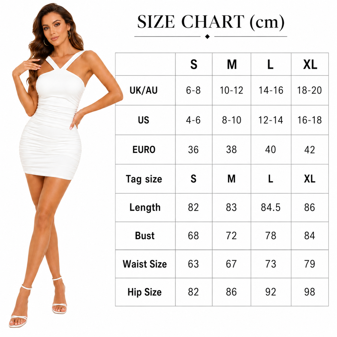 White ruched mini dress back view showing fitted shape, clean straps and smooth polyester knitted fabric for women party wear