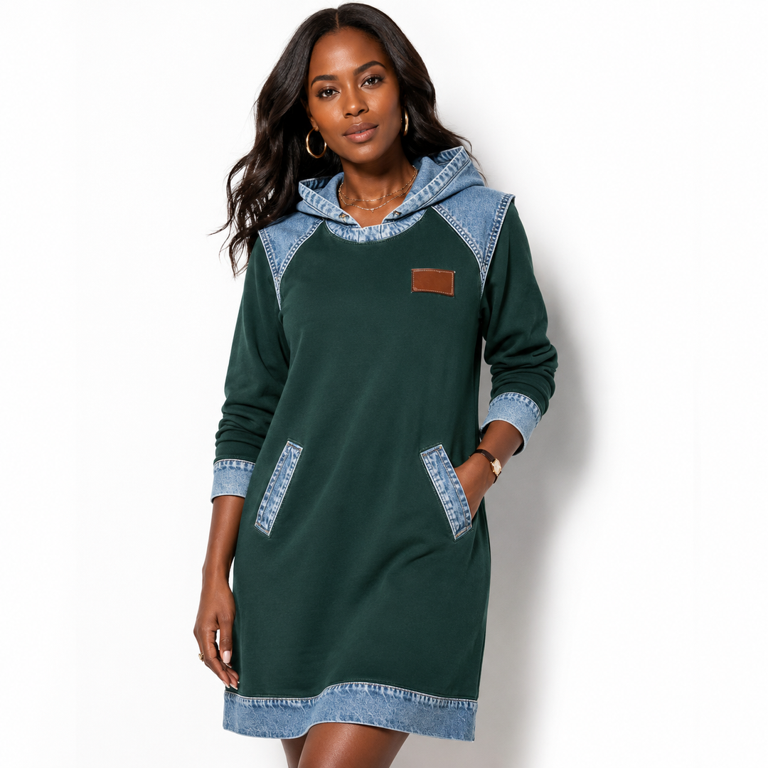 Denim color block skirt set for women with fake two-piece styling, and a refined everyday street look for office casual wear.
