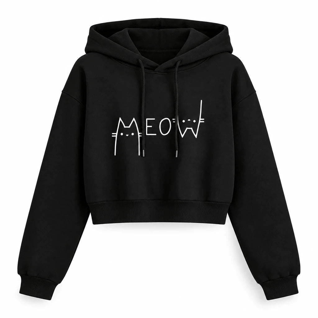 Cat cropped hoodie in black, shown from the front on white with a Meow cat graphic, drawstring hood, and long ribbed sleeves.