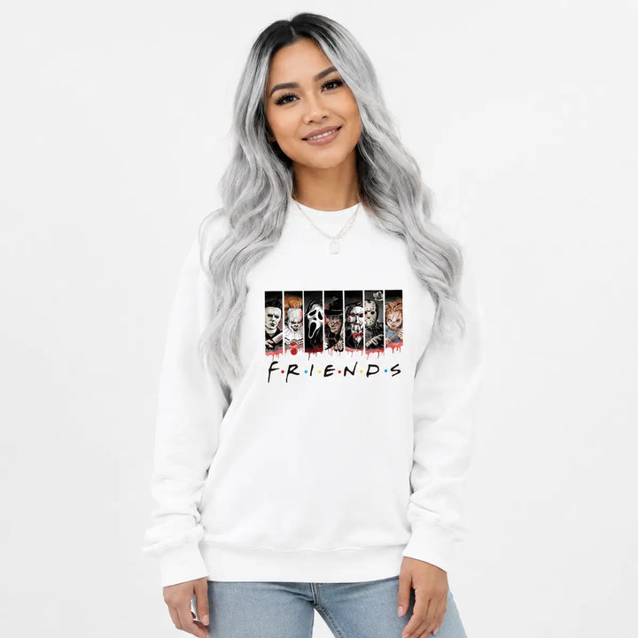 White FRIENDS sweatshirt for women with horror-inspired character print, round neck and long sleeves for daily graphic styles