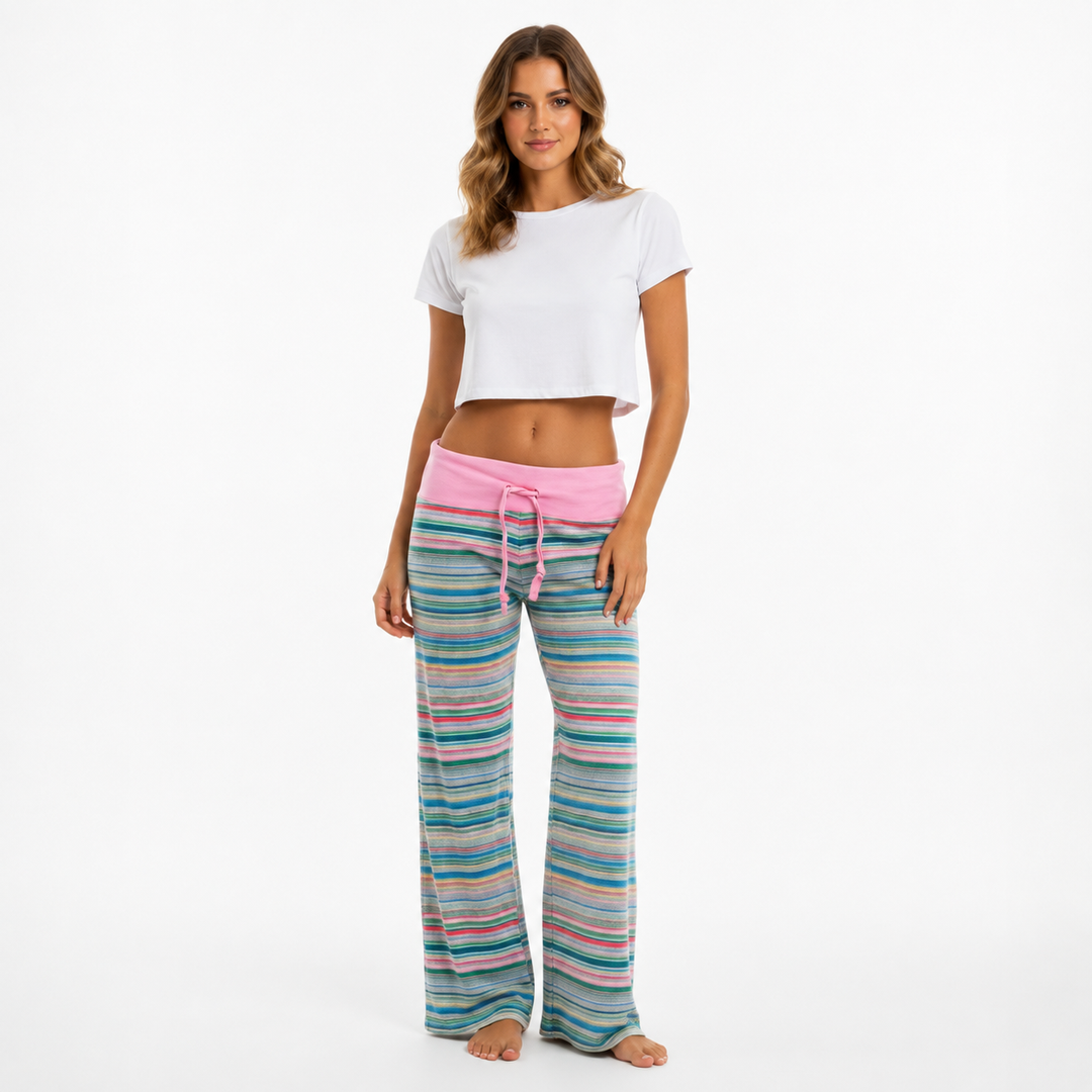 Women's striped drawstring pants in Pink on a female model, front studio view showing wide legs and multicolor stripe design.