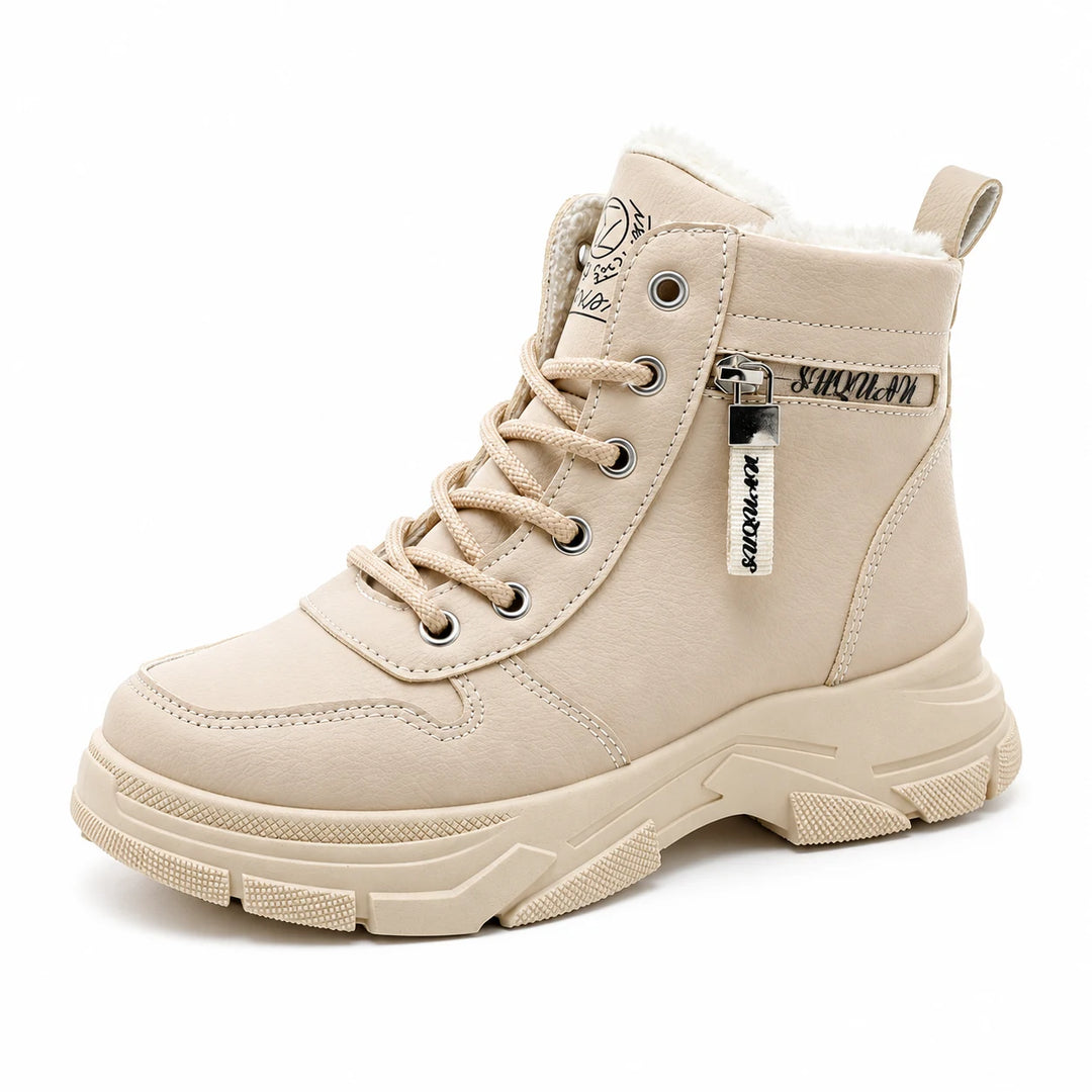 Khaki women's plush lined ankle boot with laces and a chunky rubber sole