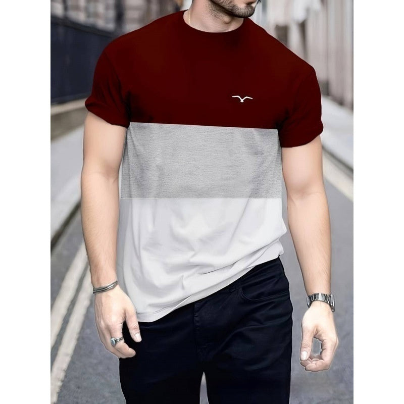 Men’s red black and white athletic t-shirt with bold color block design