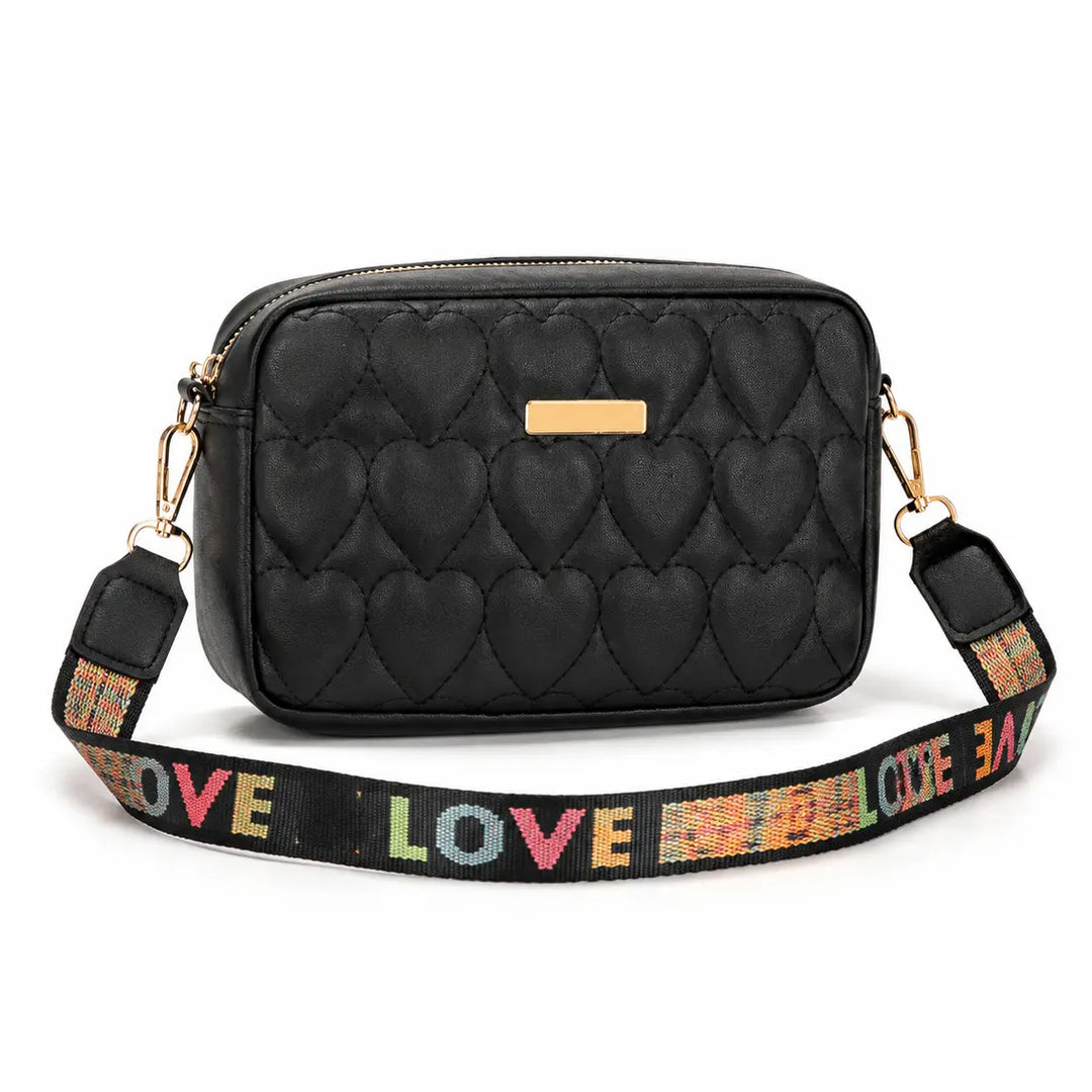 Black heart embroidered shoulder bag with LOVE strap on a white background