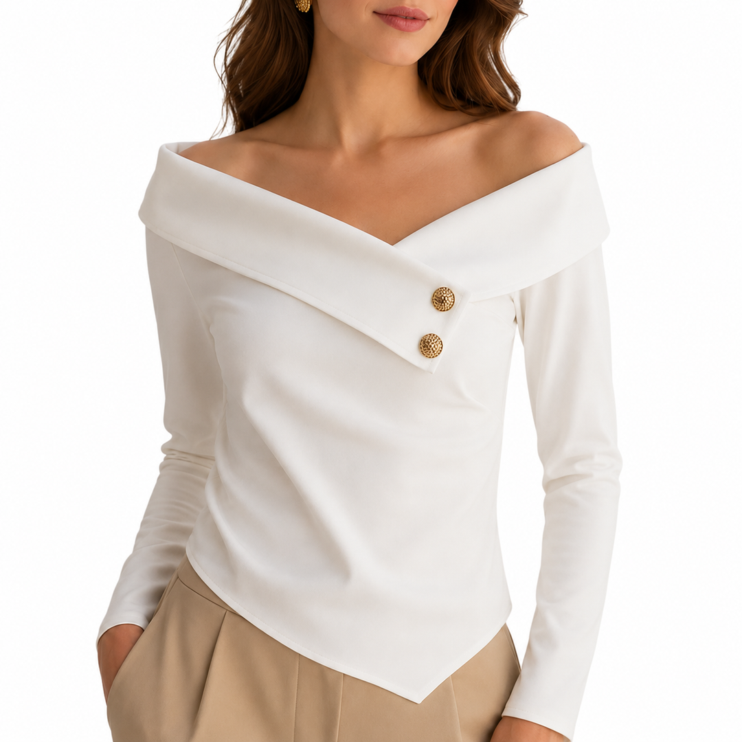 Women off shoulder shirt in smooth polyester, with long sleeves, folded collar line, and chic button detail for fall workwear