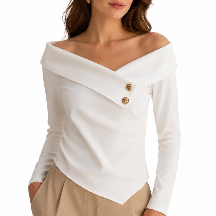 Women off shoulder shirt in smooth polyester, with long sleeves, folded collar line, and chic button detail for fall workwear