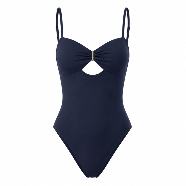 Navy sweetheart-neck cutout bodysuit front, showing adjustable straps, ruched bust, center detail and curved cutout on white.