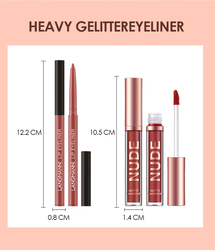 Matte lipstick set featuring six liquid lipsticks and six lip liner pencils for defining lips and adding long-lasting colors.
