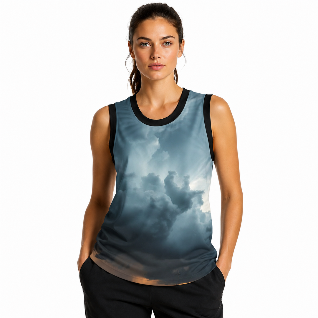 Unisex basketball jersey shown on model with breathable sporty fit and side slit detail