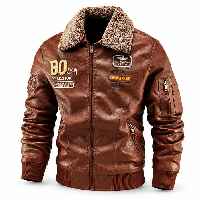 Three-quarter view of the Brown jacket showing chest patches, sleeve zip pocket and detachable textured collar.
