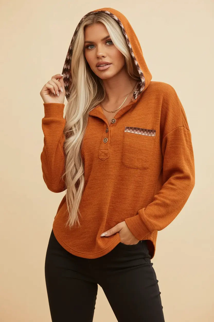 cozy grey hooded henley shirt women kangaroo pocket detail