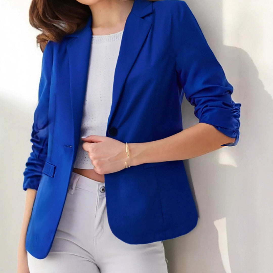 Fitted three quarter sleeve blazer side view, elegant commuter style