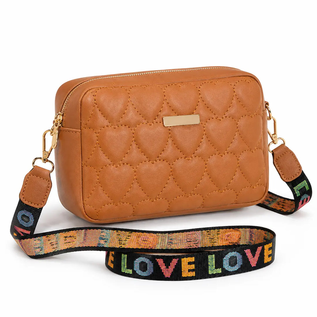 Brown heart embroidered shoulder bag with LOVE strap on a white background