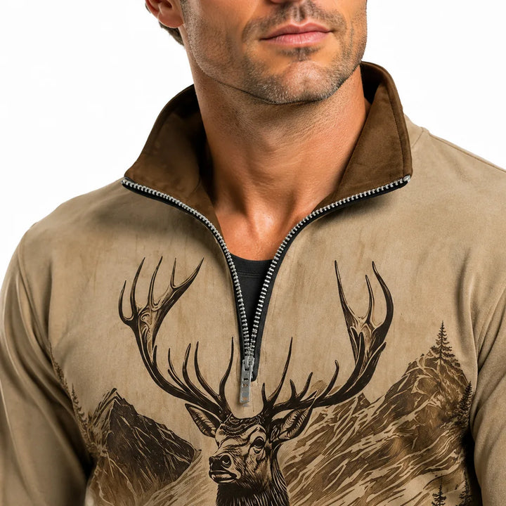 Close view of the half zip collar and zipper on the men&
