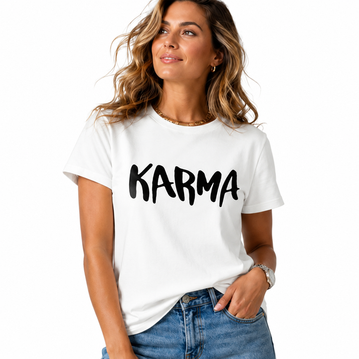 Plus-size women graphic tee with bold black Karma lettering, crew neck, regular short sleeves, and relaxed white casual fits.