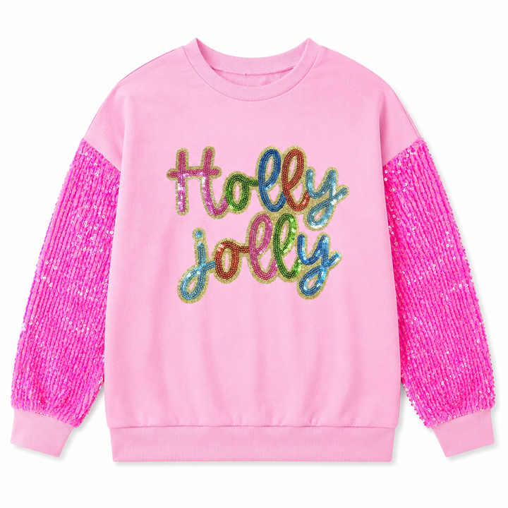 Pink Holly Jolly sequin sweatshirt flat lay on white background