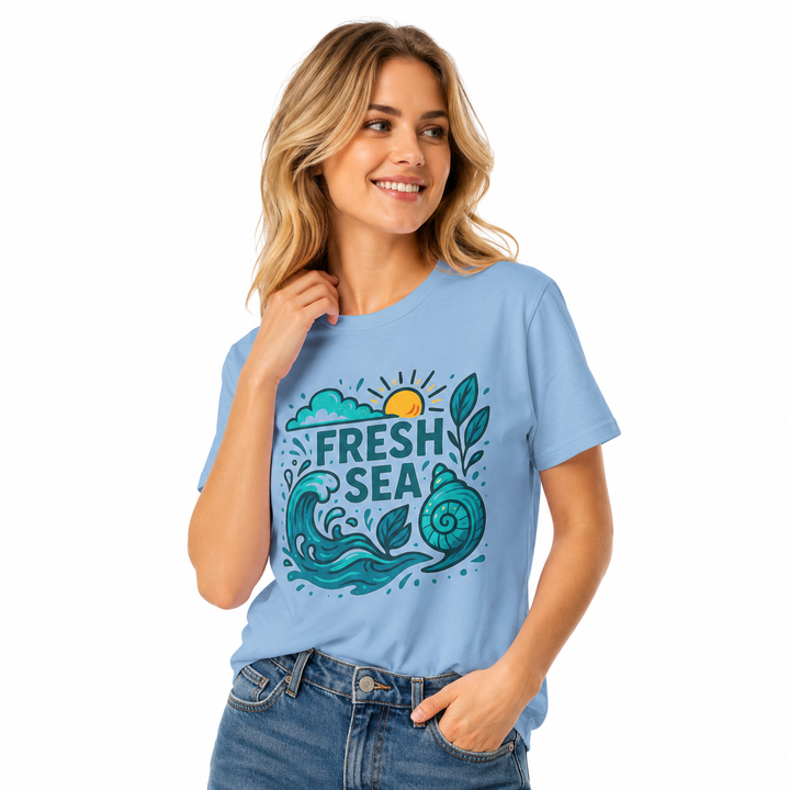 Ocean graphic unisex t shirt in 100% cotton with taped shoulders, a shape-retaining collar, and coastal style for beach days.
