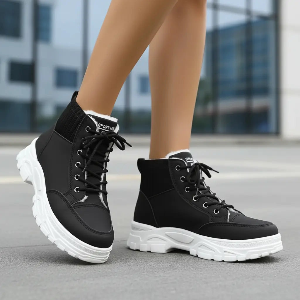 Black women's plush lined lace up boots with faux fur cuff folded down on white background