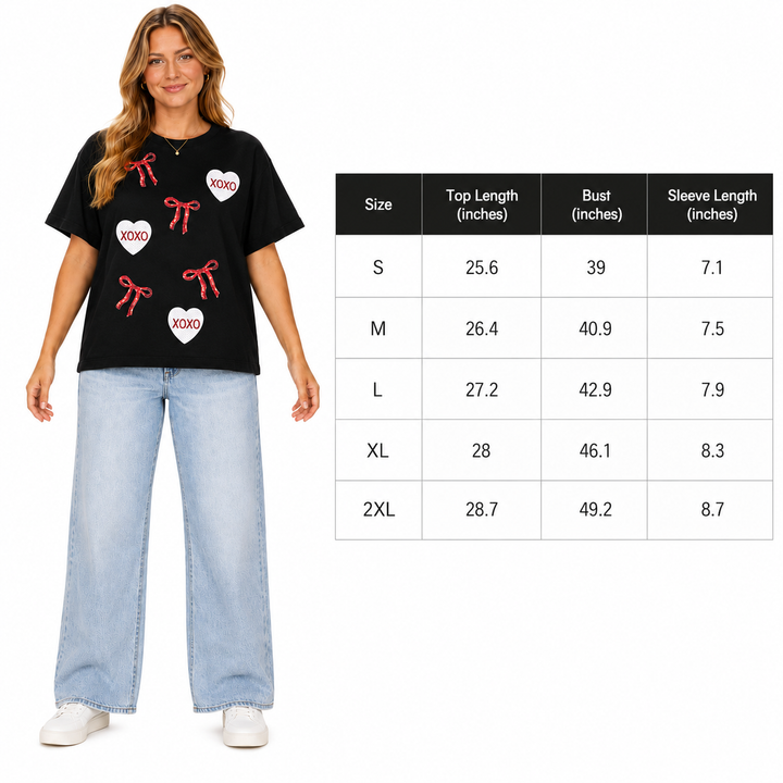 Loose Valentine graphic tee with sequin hearts, XOXO bow detail and soft poly cotton blend comfort for daily casual wear look