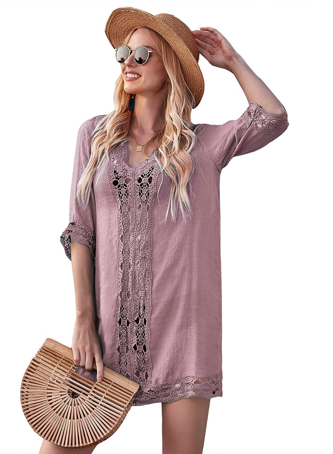 Close-up of lace-inspired fabric detail on a lightweight beach cover up dress