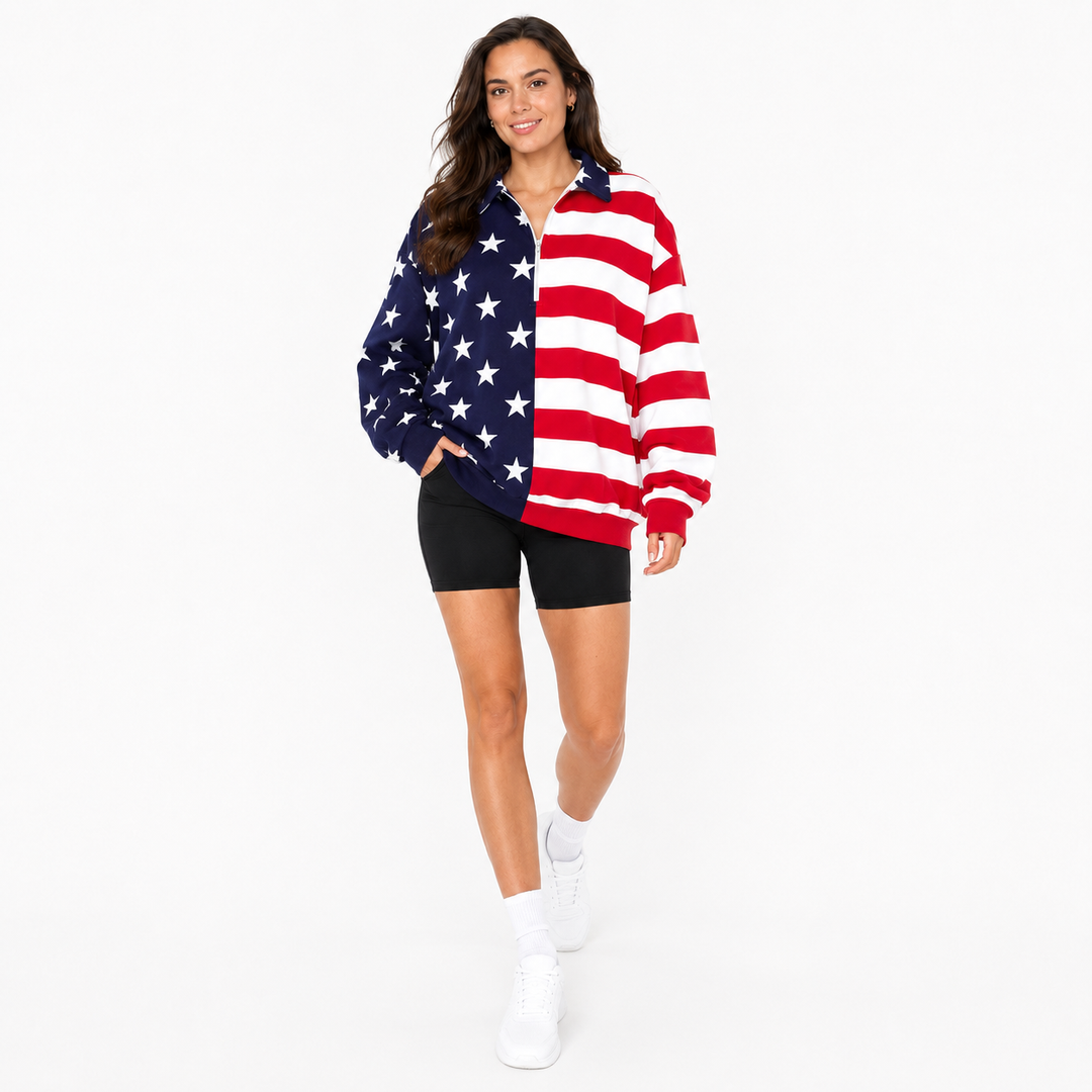 Close-up of patriotic pullover sweatshirt showing clean zipper, smooth fabric, and sharp printed detail.