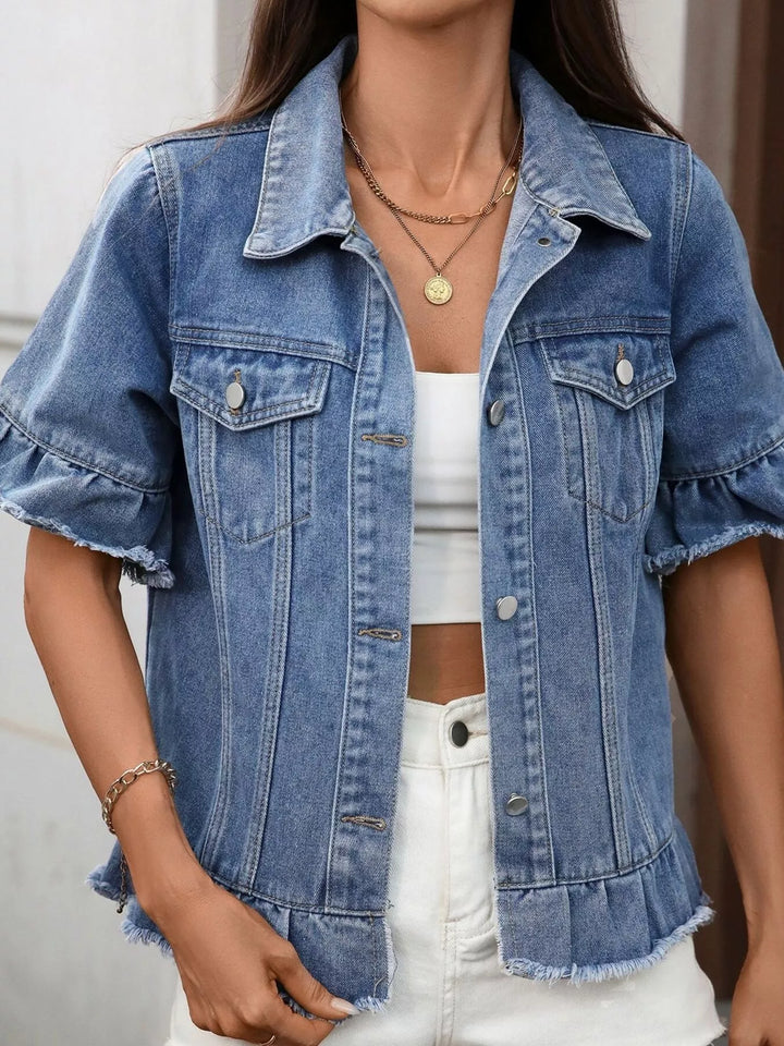 button up denim jacket women laid flat showing measurements and fit silhouette raw hem ruffle trim finish
