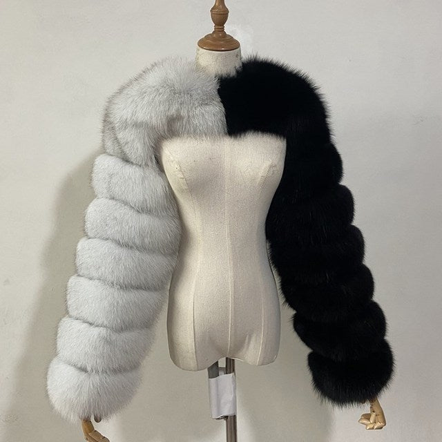 Two-tone faux fur bolero front view on dress form