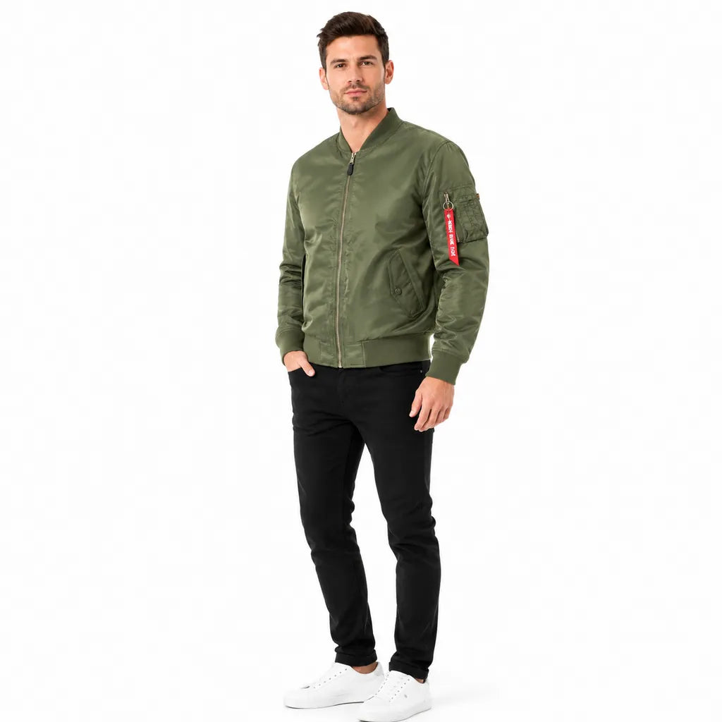 Army Green Single Layer bomber jacket on a male model showing zip front, sleeve pocket and ribbing on a clean white backdrop.