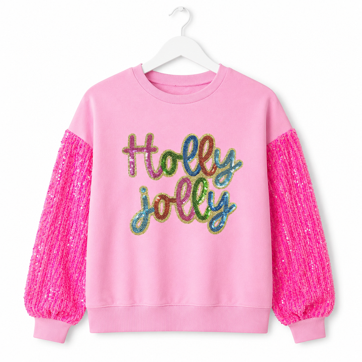 Pink Holly Jolly sequin sweatshirt front view on white hanger
