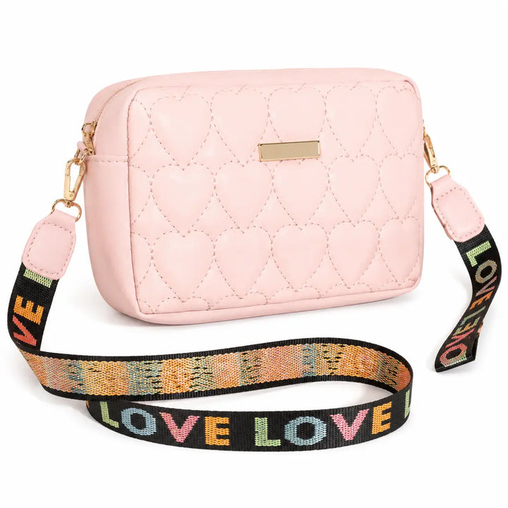 Pink heart embroidered shoulder bag with LOVE strap on a white background
