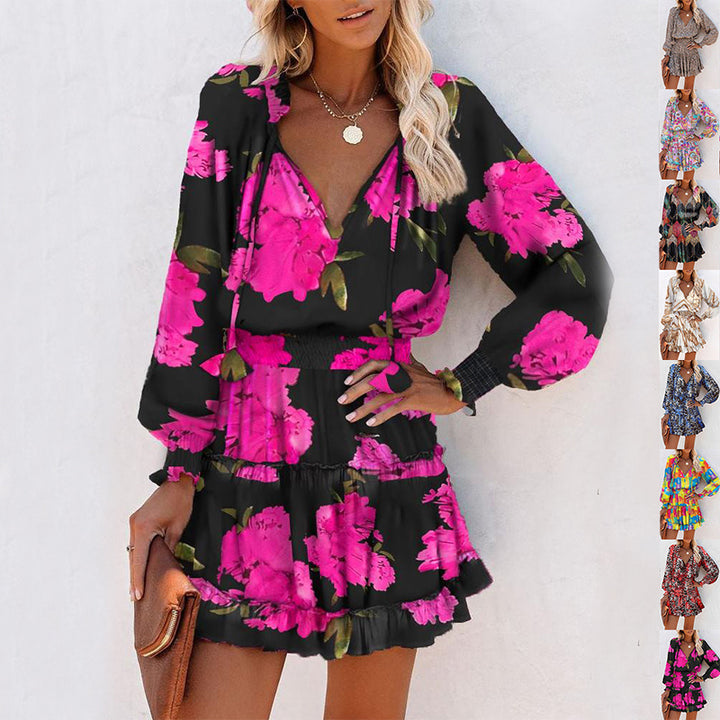 Close-up of puff sleeve detail on floral printed mini dress, polyester fabric texture
