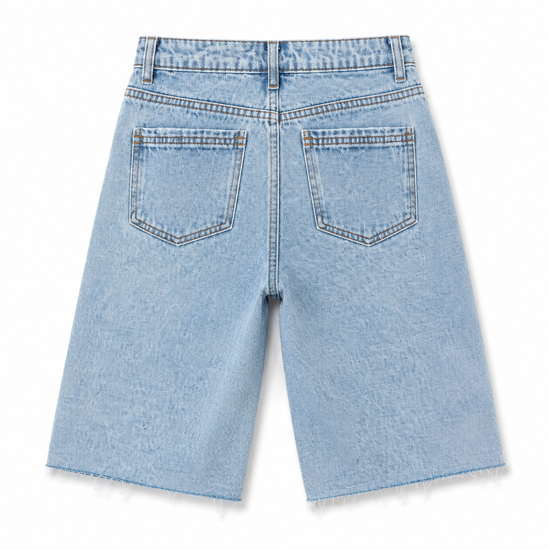Back flat lay of light-blue denim Bermuda shorts showing pockets, seams and raw hem