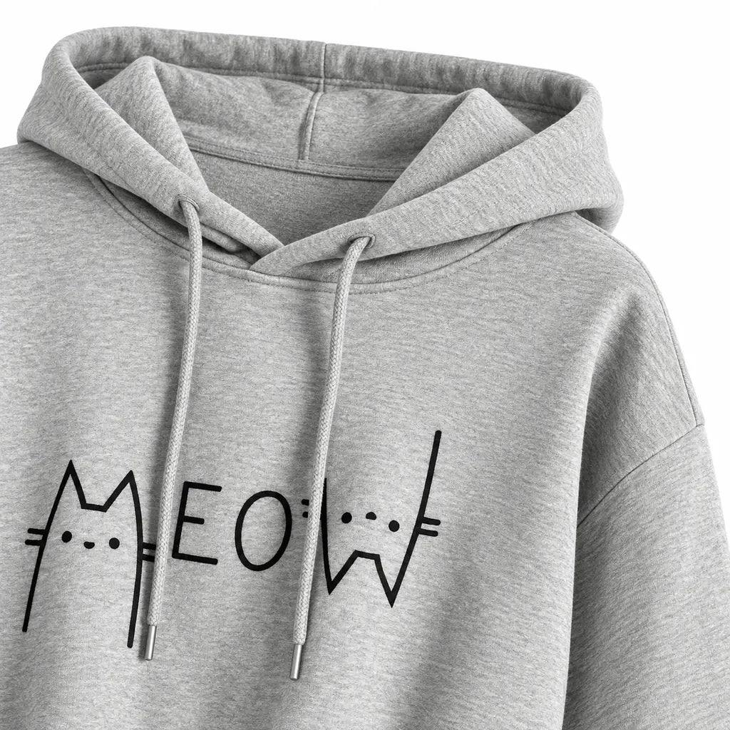 Close-up of a heather gray hood, matching drawstrings and dropped shoulder seam, with part of the black Meow graphic visible.