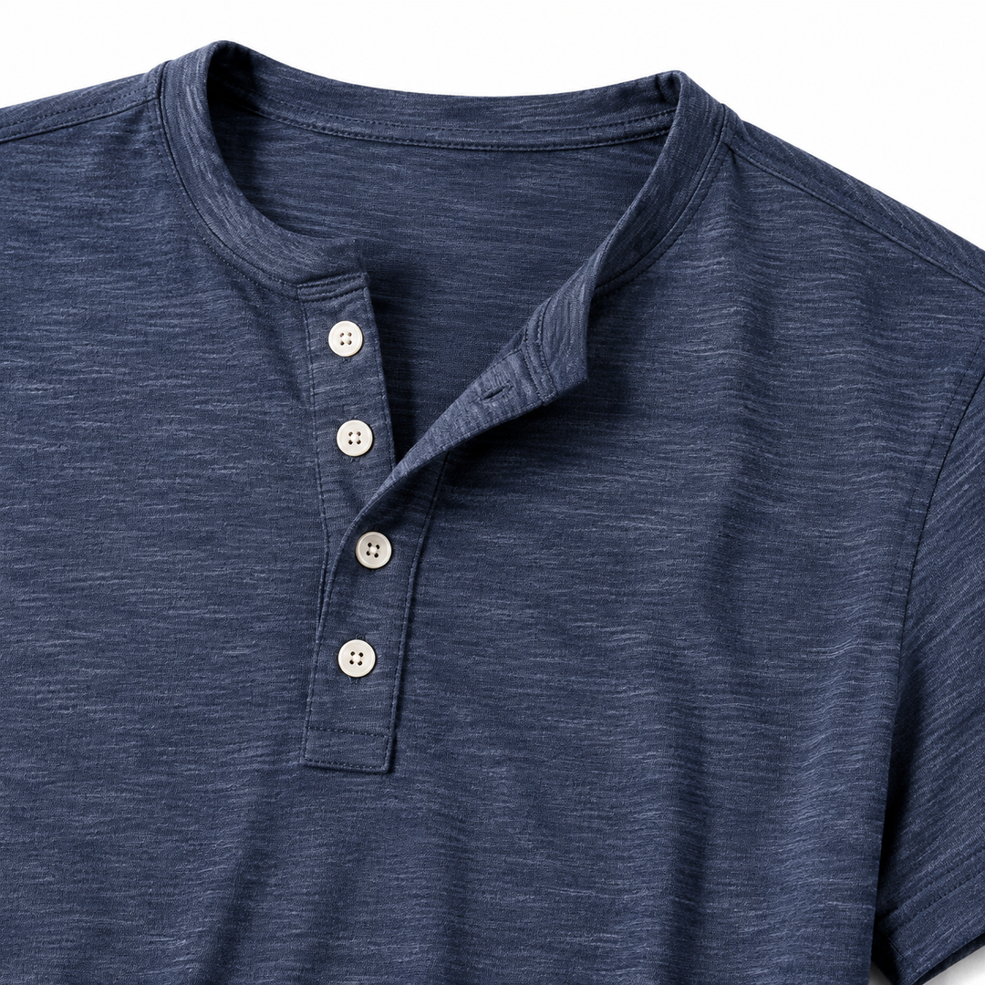 Close-up of Henley neckline, four-button placket, seams and heather fabric texture