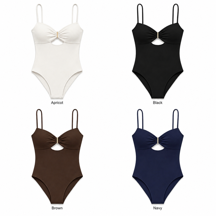 Sweetheart-neck cutout bodysuit variants displayed in Apricot, Black, Brown and Navy with all matching verified front details