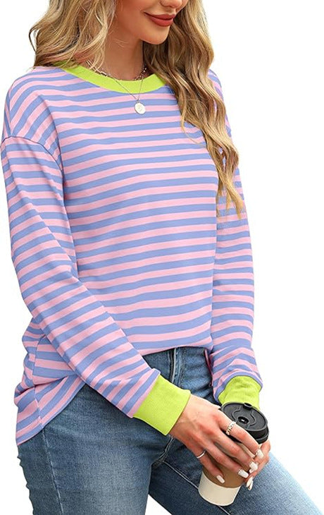Color Contrast Striped Long Sleeve Top for Women