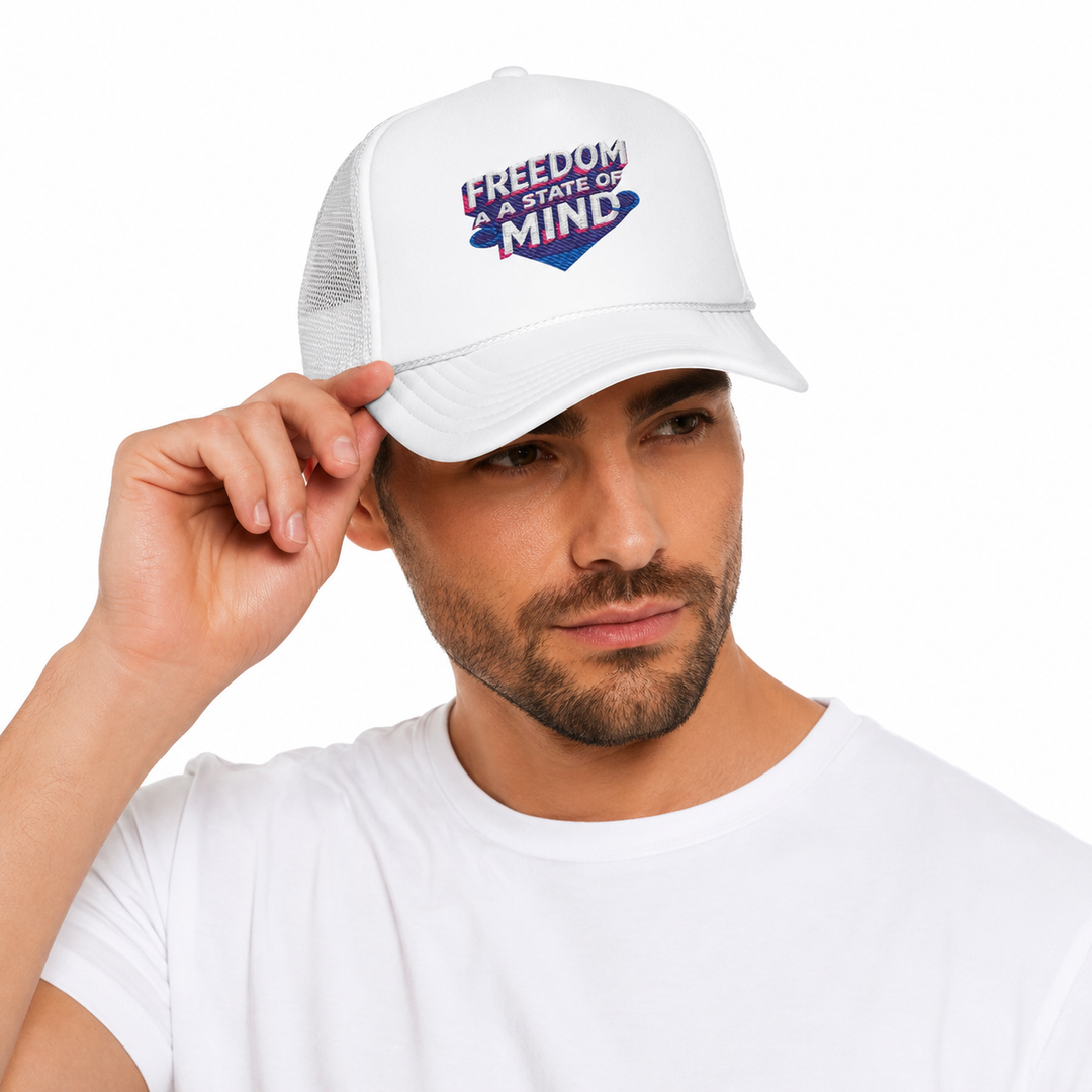Man wearing a white cap with text on a white background